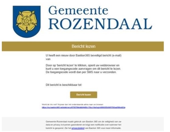 Foto: veilig mailen - Voorbeeld van het bericht dat u ontvangt van de gemeente via Bastion 365